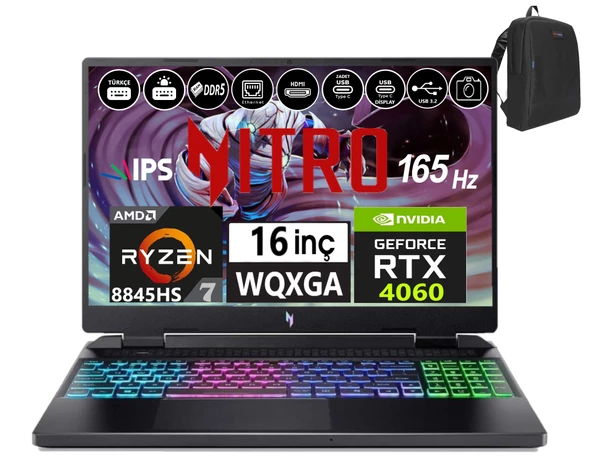 Acer Nitro 16 AN16-42 AMD R7 8845HS Aı 48GB Ddr5 512GB SSD 8GB/RTX4060 WINDOWS11HOME 16" 165Hz Wqxga IPS Taşınabilir Bilgisayar WNHQSKEY00129+Weblegelsinçanta