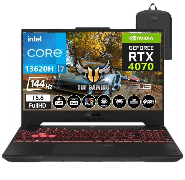 Asus Tuf Gaming F15 FX507VI-LP090 13. Nesil Intel I7-13620H 96GB DDR5 Ram  1TB SSD Freedos 15.6 Inç Fhd 144Hz 8gb RTX4070 140W Taşınabilir Bilgisayar FX507VI-LP09014+WeblegelsinÇanta