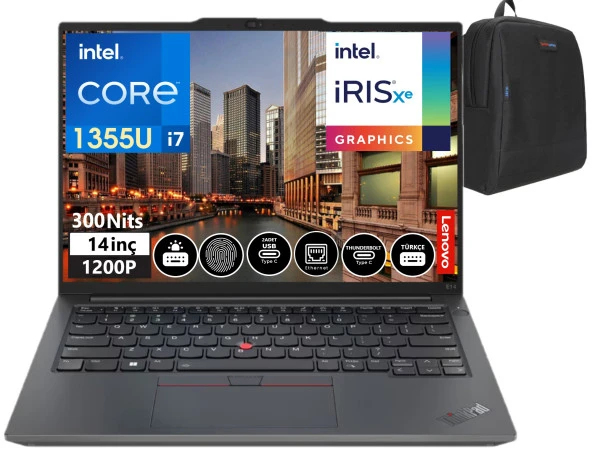 Lenovo Thinkpad E14 Gen5 Intel Core I7 1355U 8gb 512GBSSD+512GBSSD 14" Wuxga IPS FreeDOS Taşınabilir Bilgisayar TB21JK0006TX03+Weblegelsinçanta
