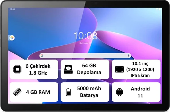 Lenovo Tab M10 64 4 ZAAE0012TR T610 10.1" Tablet Gri