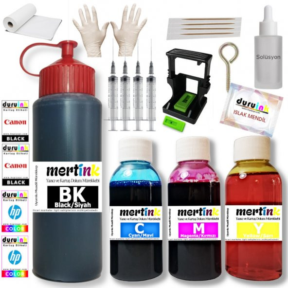 HP 305 İÇİN UYUMLU KARTUŞ DOLUM SETİ 500ML SİYAH+3X100ML RENKLİ