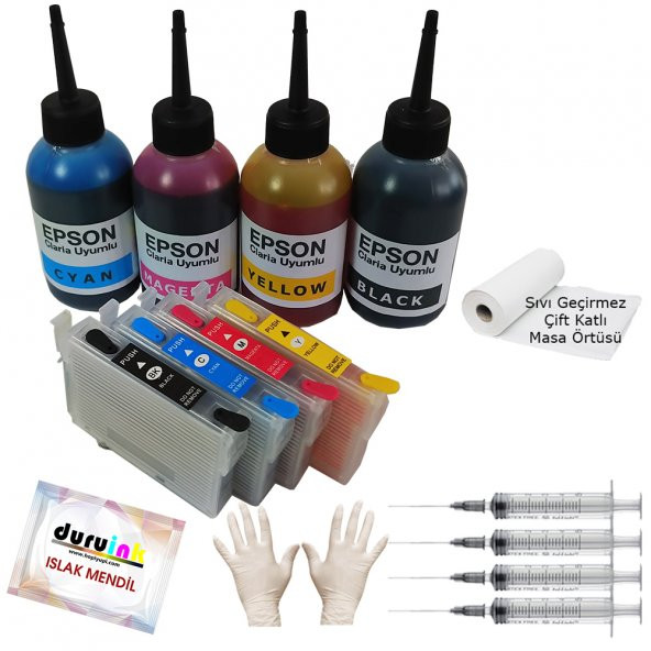 Epson SX420W SX425W SX430W Uyumlu Kolay Dolan Kartuş+4x100ml Mürekkep 4 Renk (Dolu)