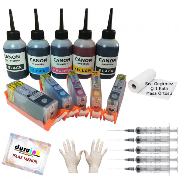Canon IP8700 IP8750 IX6850 Uyumlu Kolay Dolan Kartuş+5x100ml Mürekkep 5 Renk (Dolu)