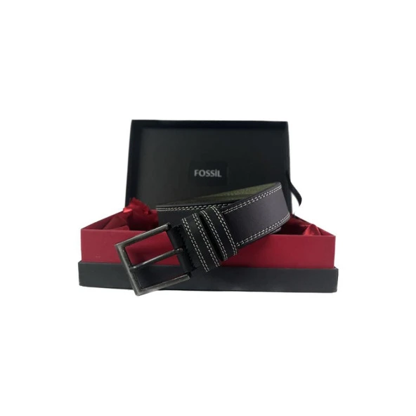 Fossil Siyah Çift Dikiş Suni Deri 4 Cm Erkek Kemeri-110Cm