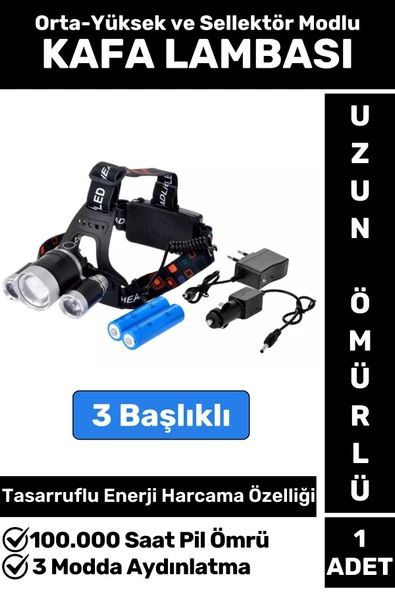Profesyonel Kamp Avcı Balıkçı Deprem Güçlü Işık 3 Modlu Şarjlı 3 Başlıklı Kafa Lambasi