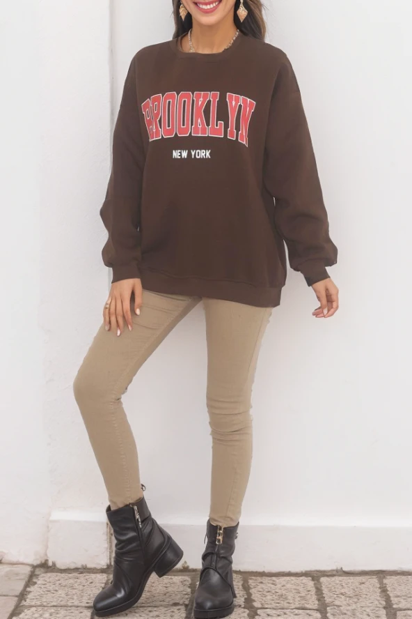 Baskılı İplik Sweat Acıkahve